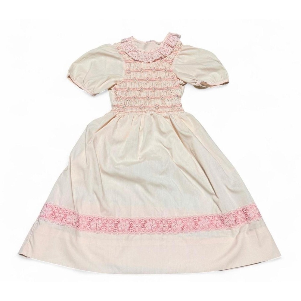 Vintage Polly Flinders Girls Size 8 Pink Smocked Embroidered Lace Dress